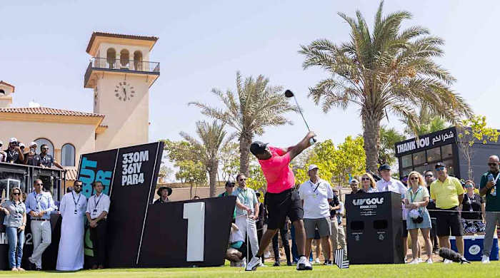 Harold Varner III of RangeGoats GC hits his shot from the first tee during the final round of LIV Golf Jeddah at the Royal Greens Golf & Country Club on Sunday, October 15, 2023 in King Abdullah Economic City, Saudi Arabia.